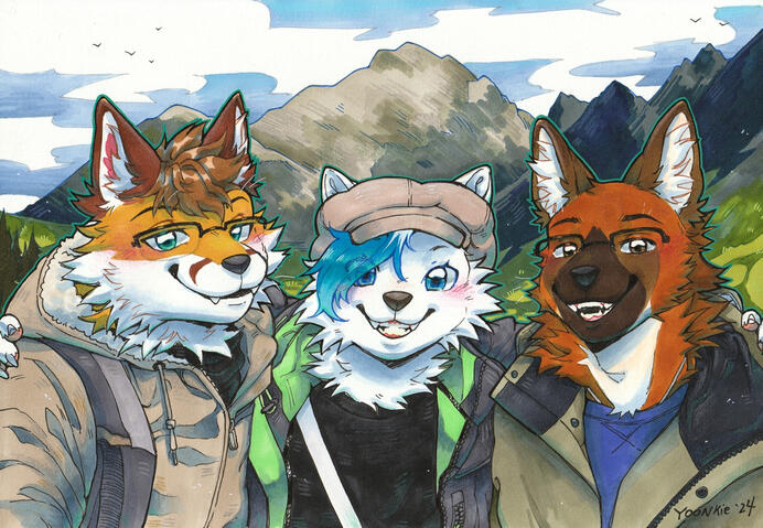 Strafy, Kiba, and Billiard taking a selfie together with Scotland's Isle of Skye scenery behind