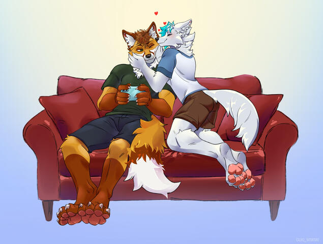 Strafy and Kiba sitting on a couch where Kiba gives Strafy a kiss to his head