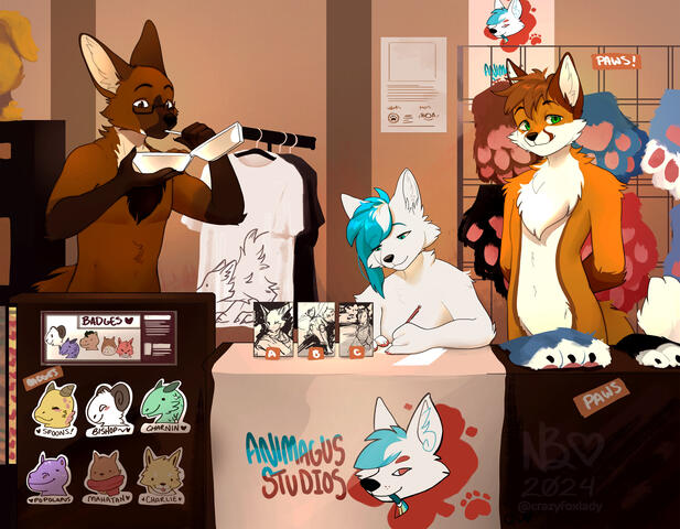 Strafy Kiba and Billiard by Crazyfoxlady Strafy, Kiba, and Billiard posing in front of their dealers den booth