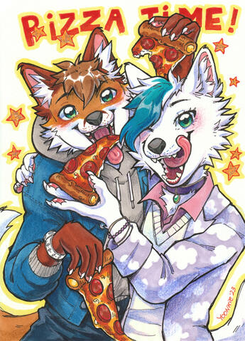 Strafy and Kiba dressed stylishly while sharing a fun moment together with a slice of pizza